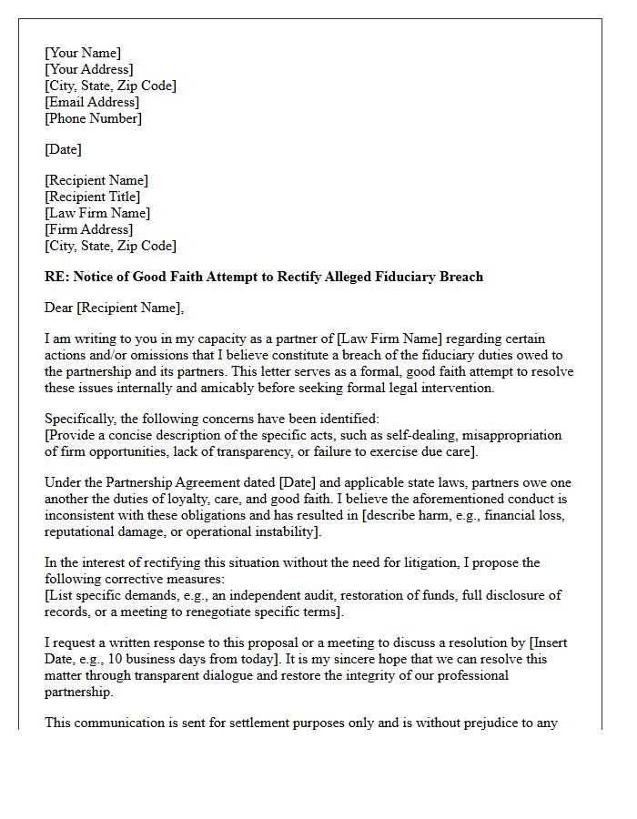 Letter of Good Faith Attempt to Rectify Alleged Law Firm Partnership Fiduciary Breach