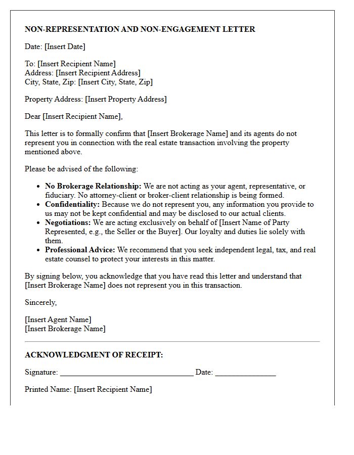 Real Estate Broker Non-Representation And Non-Engagement Letter