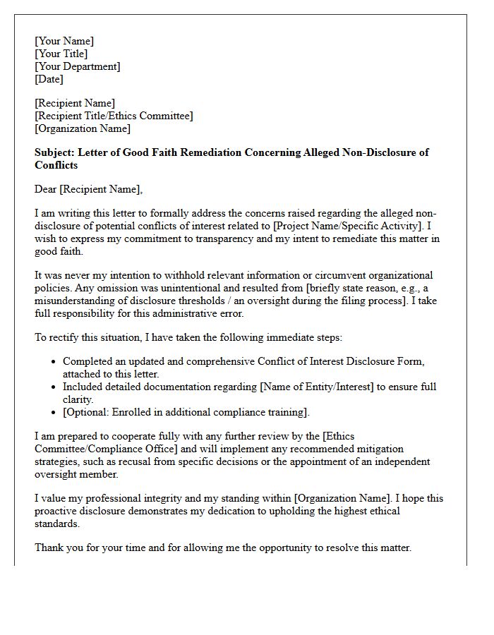 Letter of Good Faith Remediation Concerning Alleged Non-Disclosure of Conflicts