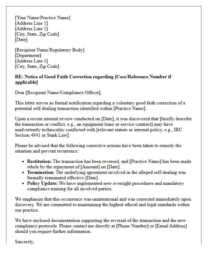 Letter Addressing Good Faith Correction of Alleged Self-Dealing Within the Practice