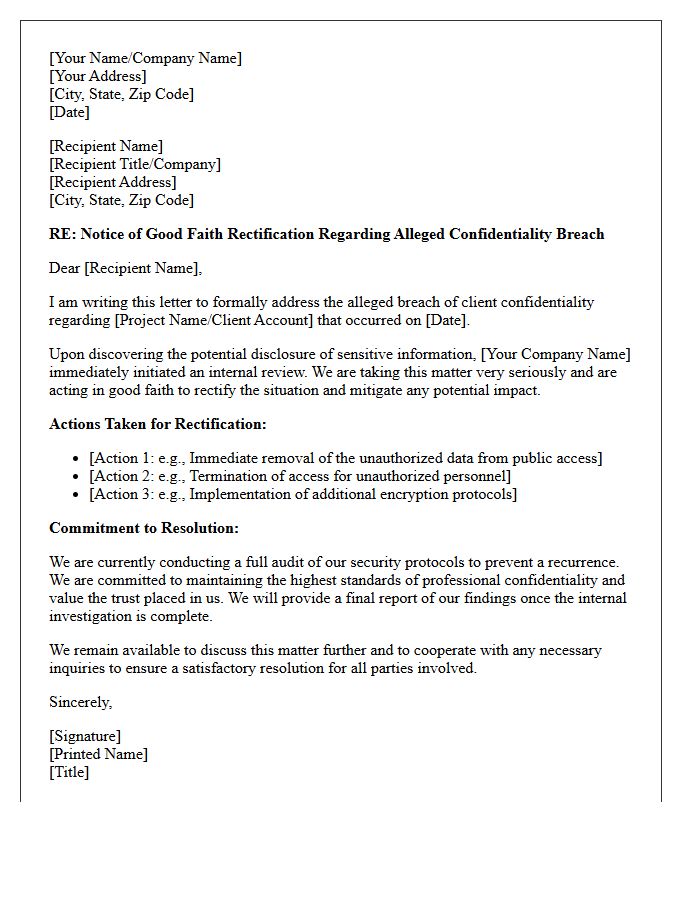 Good Faith Rectification Letter Regarding Alleged Breach of Client Confidentiality