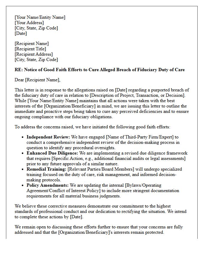 Letter Outlining Good Faith Efforts to Cure Alleged Fiduciary Duty of Care Violation