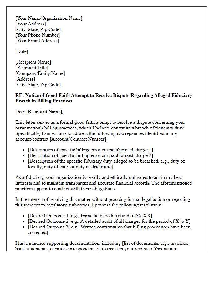 Letter of Good Faith Attempt to Resolve Alleged Fiduciary Breach in Billing Practices