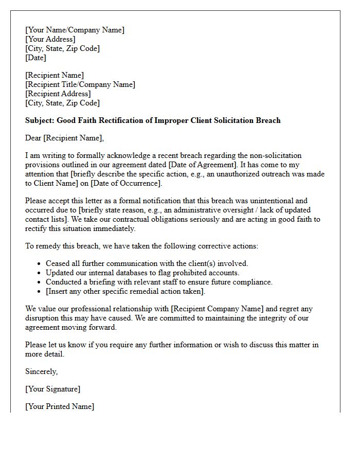 Letter Concerning Good Faith Rectification of Improper Client Solicitation Breach