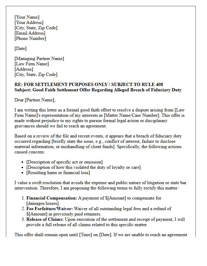 Good Faith Settlement Offer Letter to Rectify Alleged Law Firm Fiduciary Violation