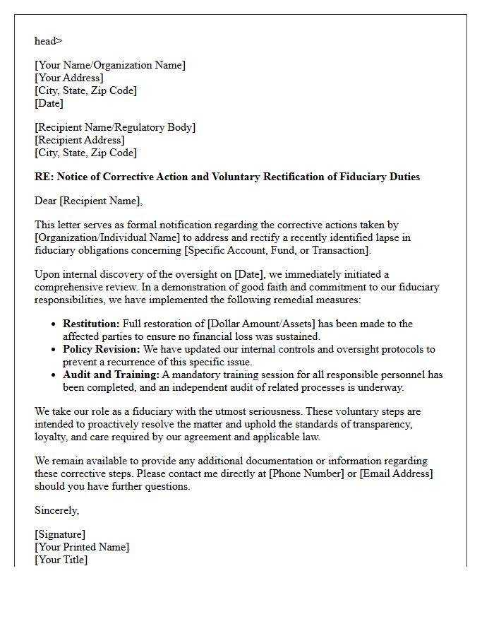 Corrective Action Letter Demonstrating Good Faith Rectification of Fiduciary Obligations