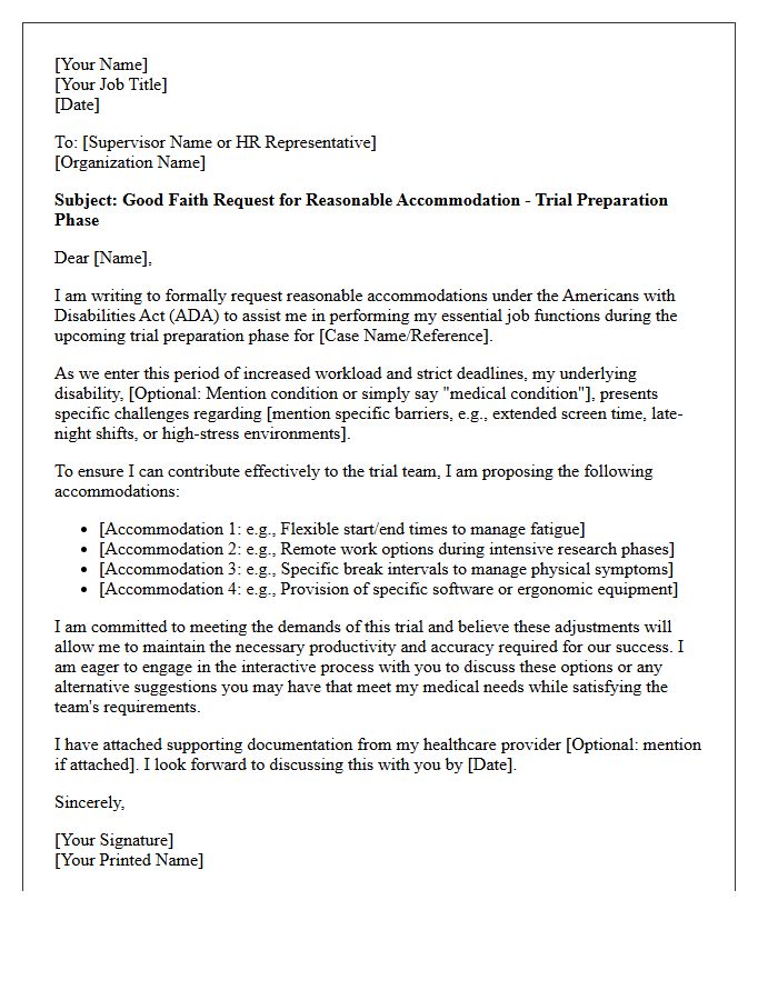 Good Faith Letter for Reasonable Accommodation During Trial Preparation Phases