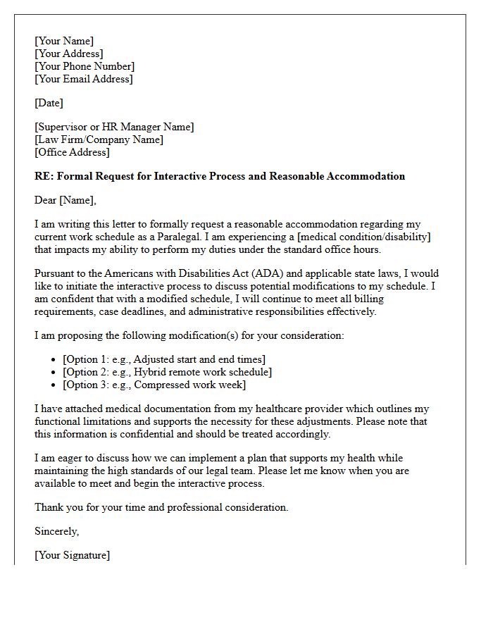 Formal Request Letter for Interactive Process and Modified Paralegal Schedules