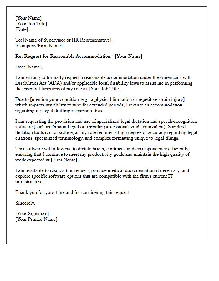 Reasonable Accommodation Letter for Specialized Dictation Software in Legal Drafting