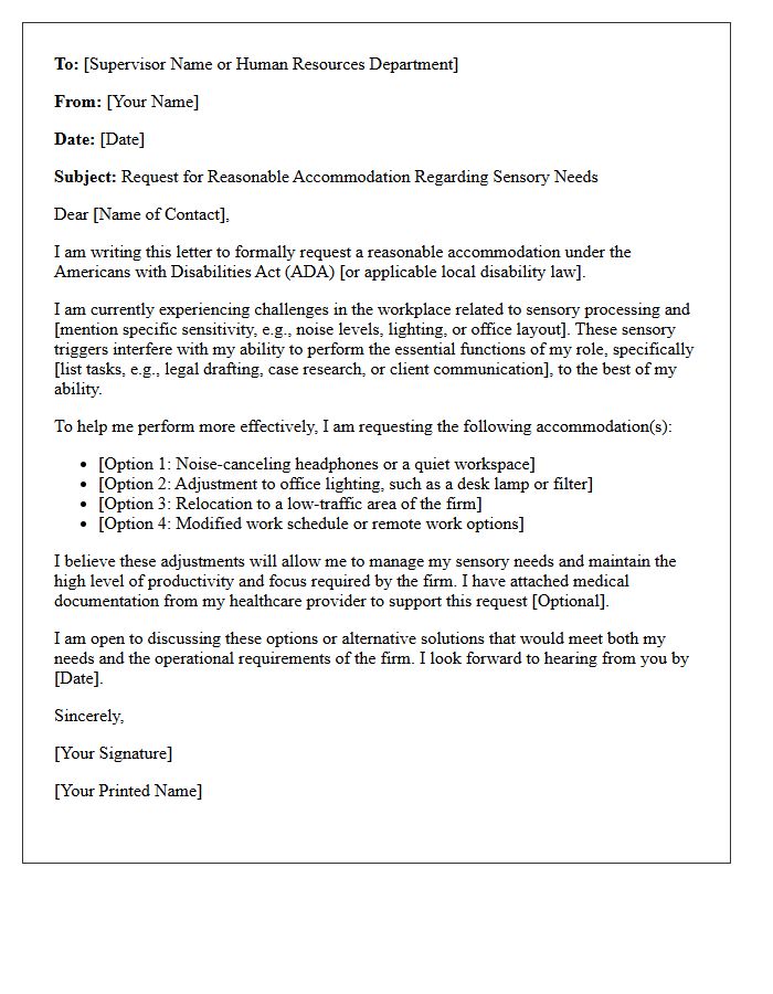 Law Firm Employee Letter Requesting Reasonable Accommodation for Sensory Needs