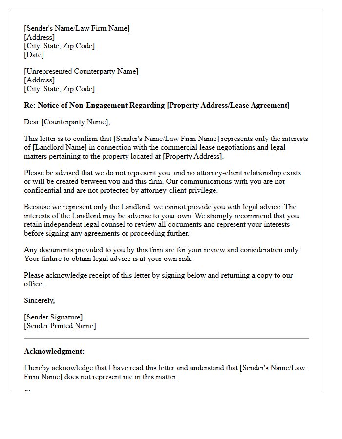 Commercial Landlord Unrepresented Counterparty Non-Engagement Letter