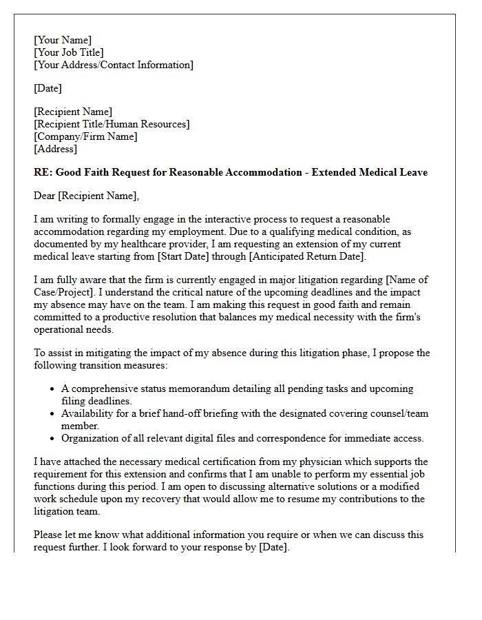 Good Faith Accommodation Letter for Extended Medical Leave During Major Litigation
