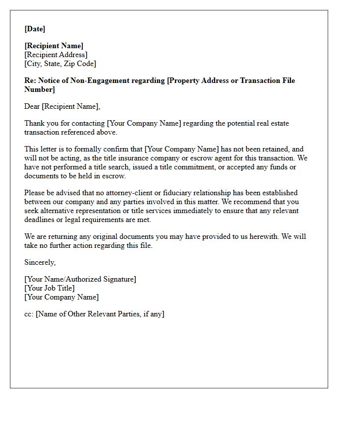 Title Company And Escrow Agent Non-Engagement Letter