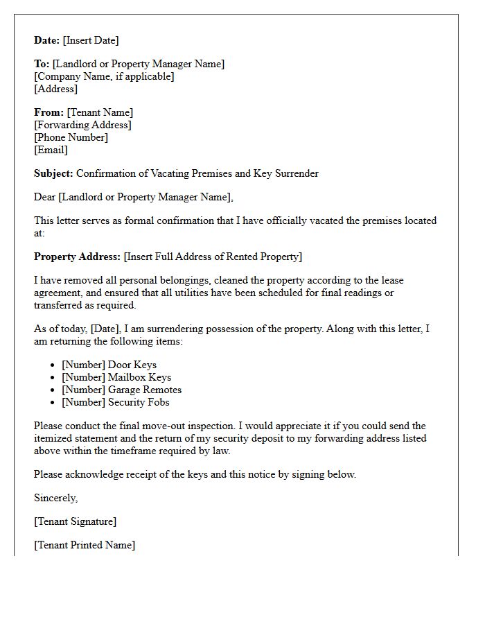 Confirmation of Vacating Premises and Key Surrender