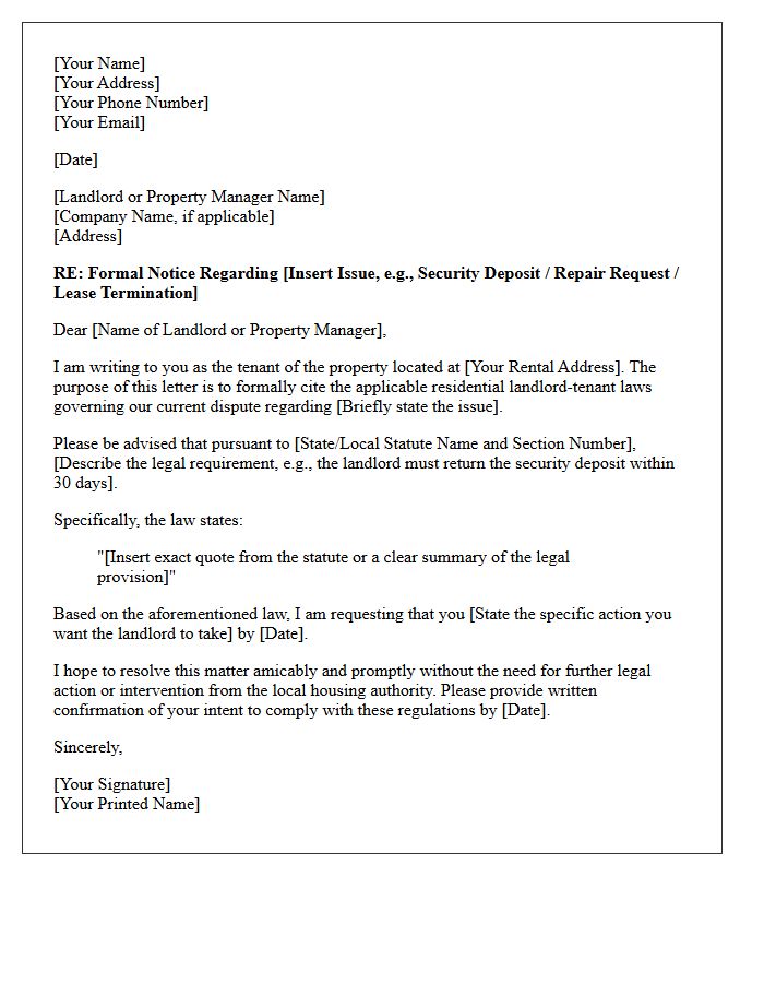 Citation of Applicable Residential Landlord Tenant Law