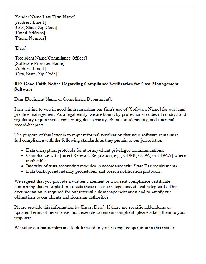 Good Faith Notice Letter Regarding Legal Practice Management Software Compliance Verification