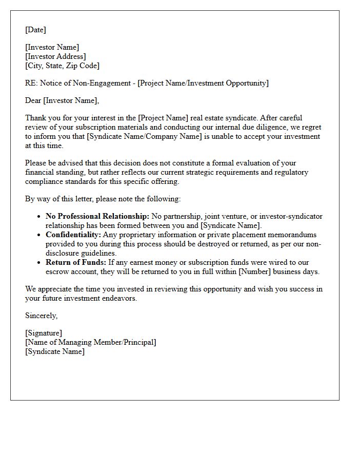 Real Estate Syndicate Investor Counterparty Non-Engagement Letter