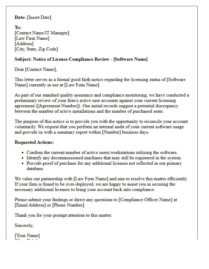Initial Good Faith Notice Letter for Legal Billing Software License Compliance
