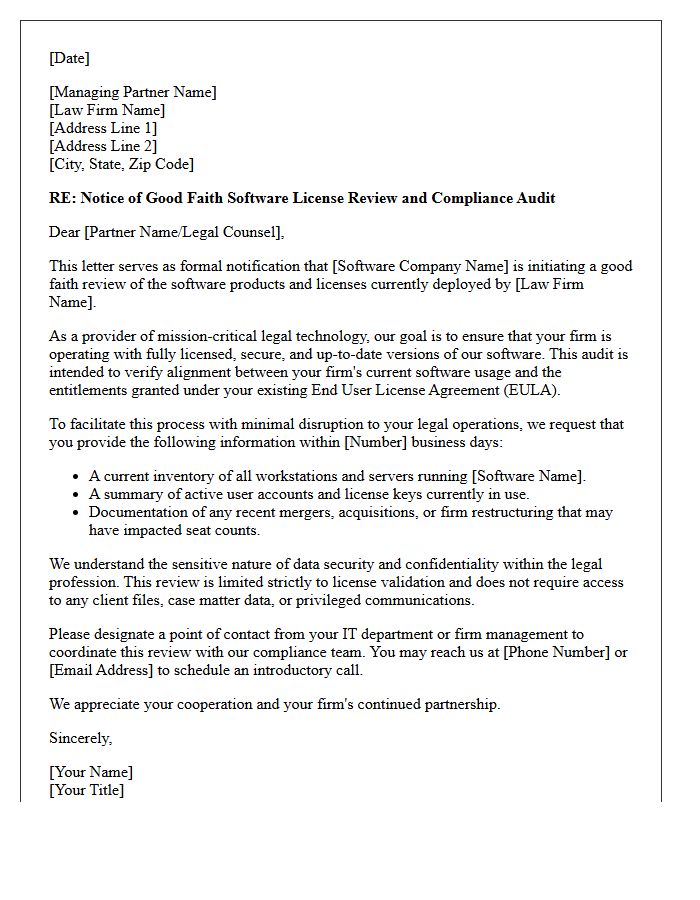 Good Faith Software Audit Notice Letter for Legal Counsel and Law Firms