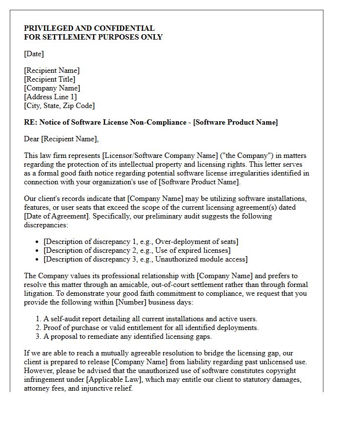 Confidential Law Firm Software License Compliance Good Faith Notice Letter