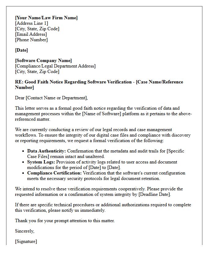 Good Faith Notice Letter Regarding Legal Case Management Software Verification
