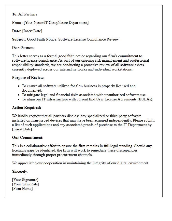Good Faith Notice Letter for Law Partners Regarding Software License Compliance