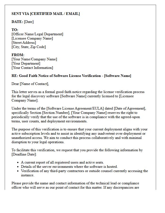 Legal Discovery Software License Verification Good Faith Notice Letter