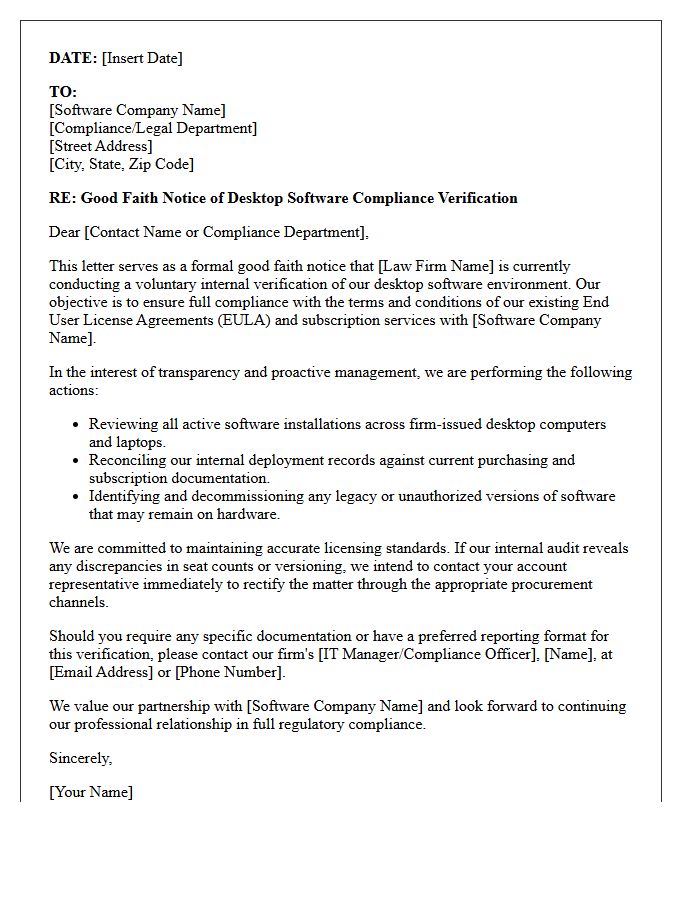 Good Faith Notice Letter Regarding Law Firm Desktop Software Compliance Verification