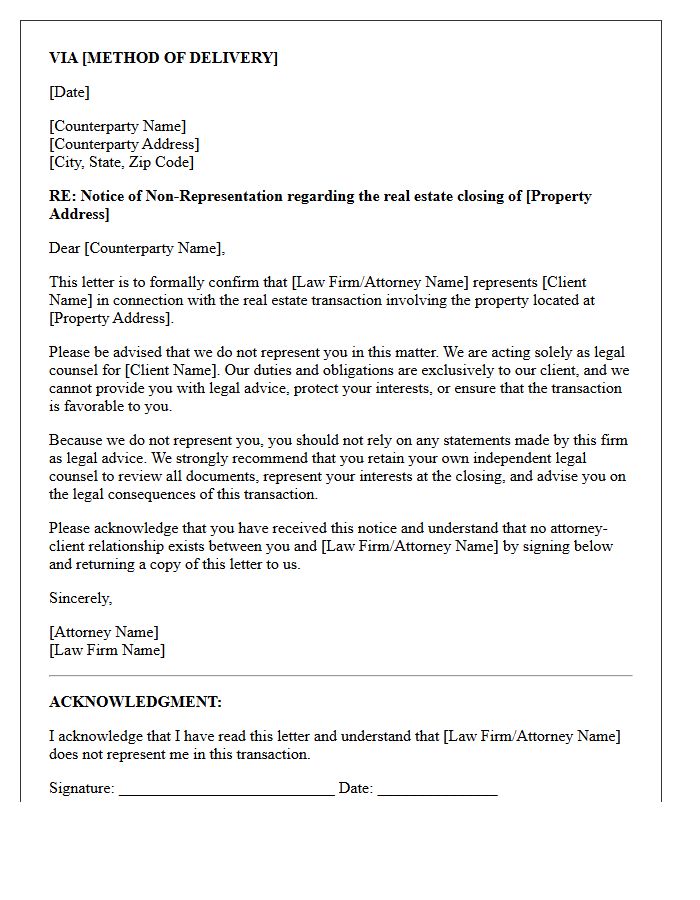 Real Estate Closing Unrepresented Counterparty Non-Engagement Letter