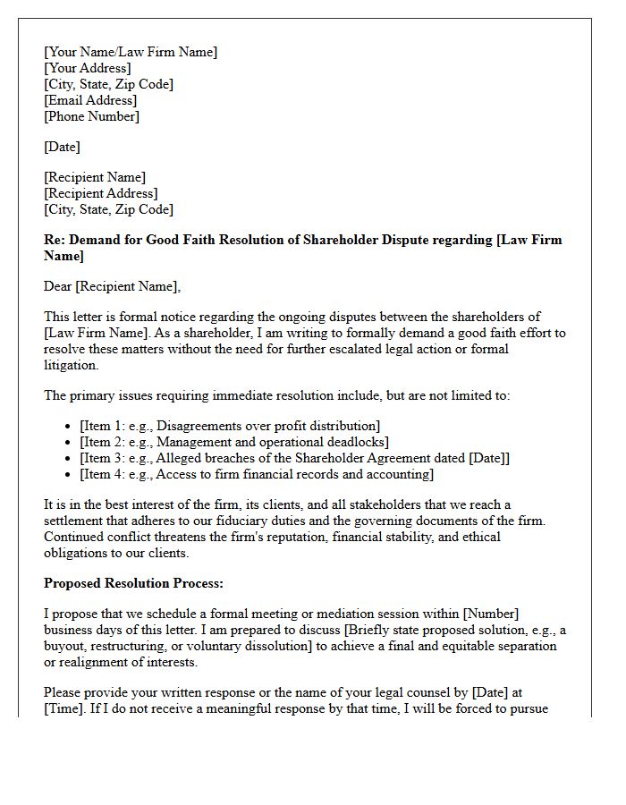 Demand Letter for Good Faith Resolution of Law Firm Shareholder Dispute