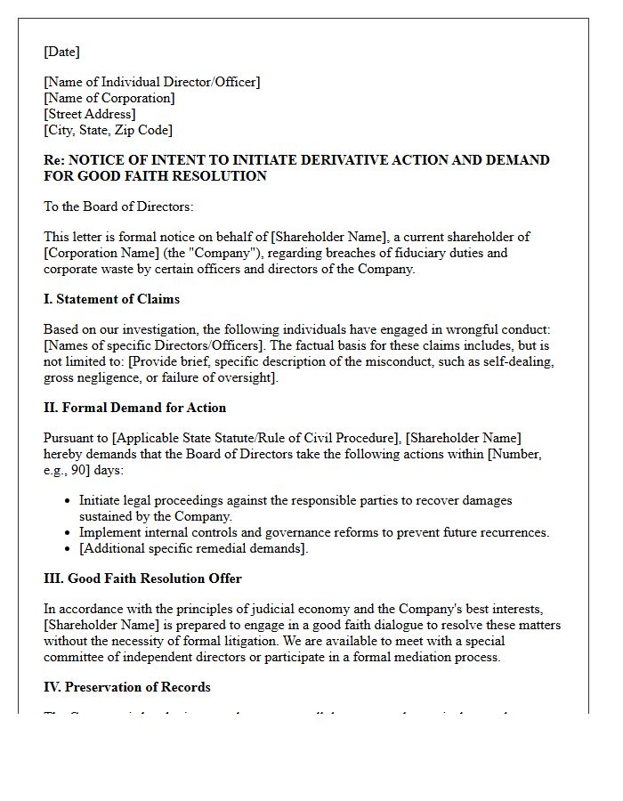 Pre-Suit Derivative Action Notice and Good Faith Resolution Letter