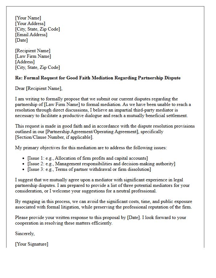 Letter Requesting Good Faith Mediation for Law Firm Partner Dispute