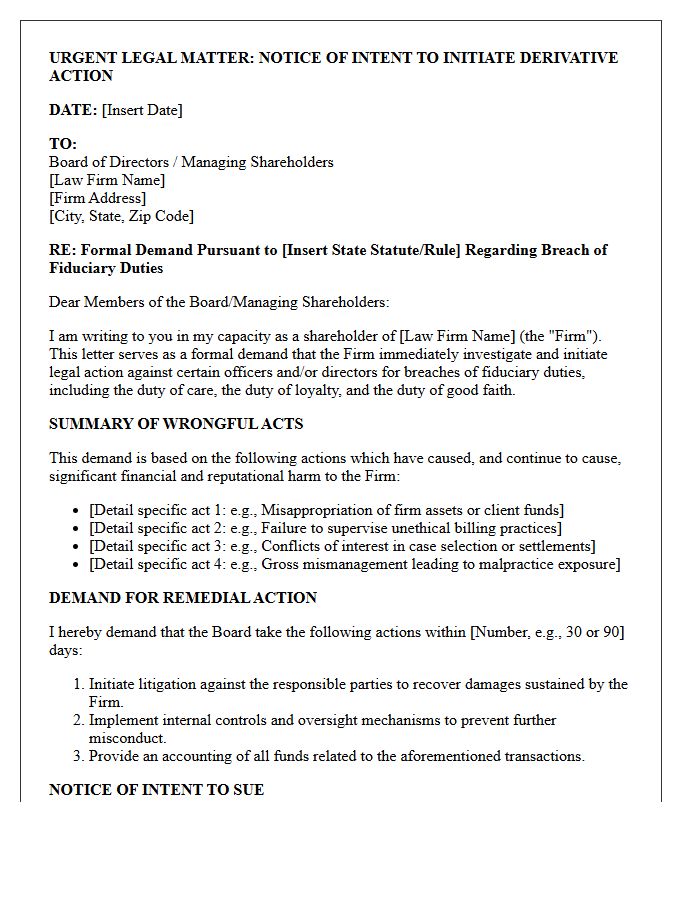 Pre-Litigation Letter Regarding Law Firm Shareholder Derivative Claims