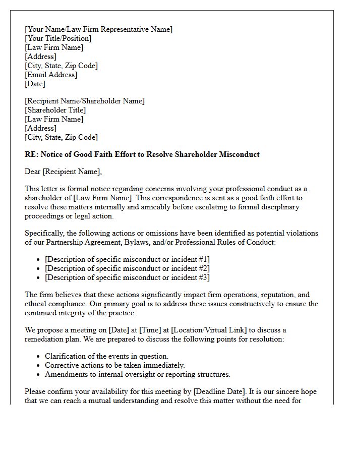 Letter of Good Faith Effort to Resolve Law Firm Shareholder Misconduct