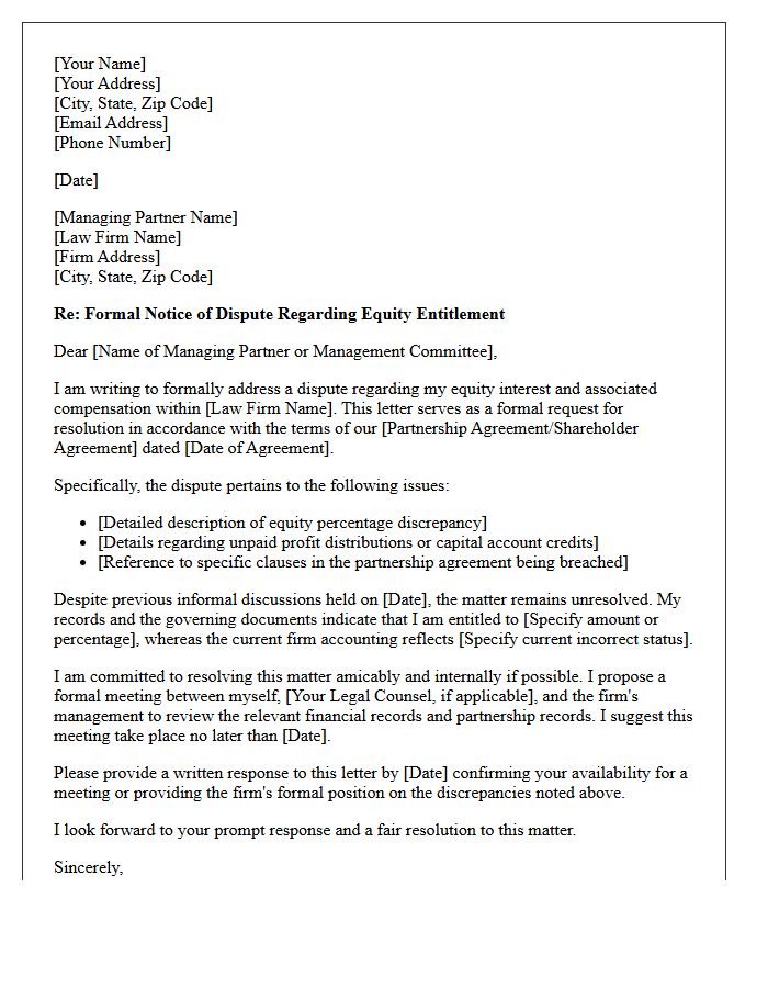 Formal Letter Seeking Resolution of Law Firm Equity Dispute