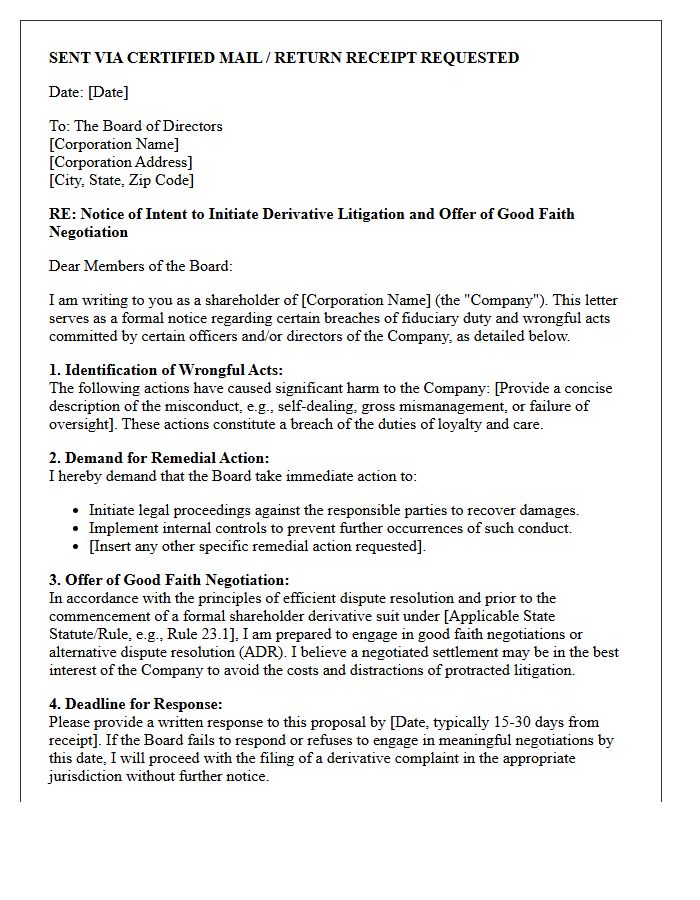 Good Faith Negotiation Letter Preceding Shareholder Derivative Suit