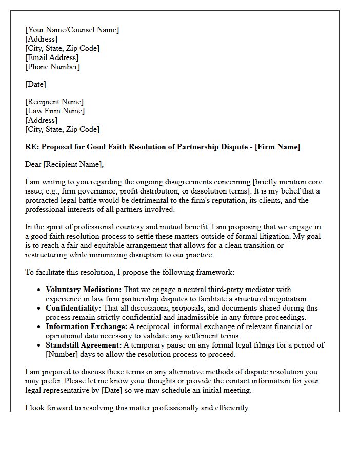 Letter Proposing Good Faith Resolution to Law Firm Partnership Dispute