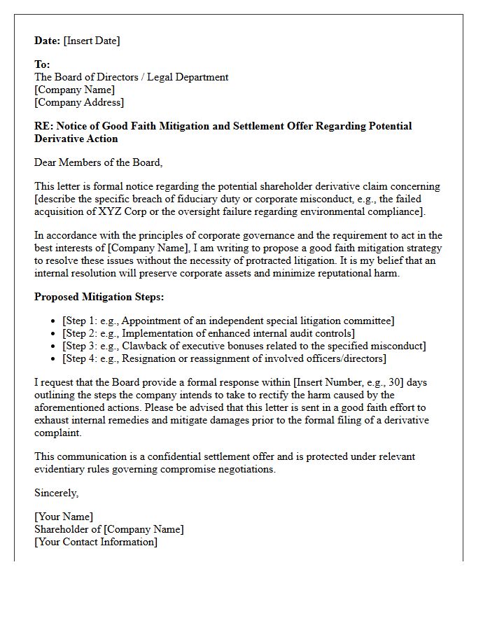 Shareholder Derivative Claim Good Faith Mitigation Letter