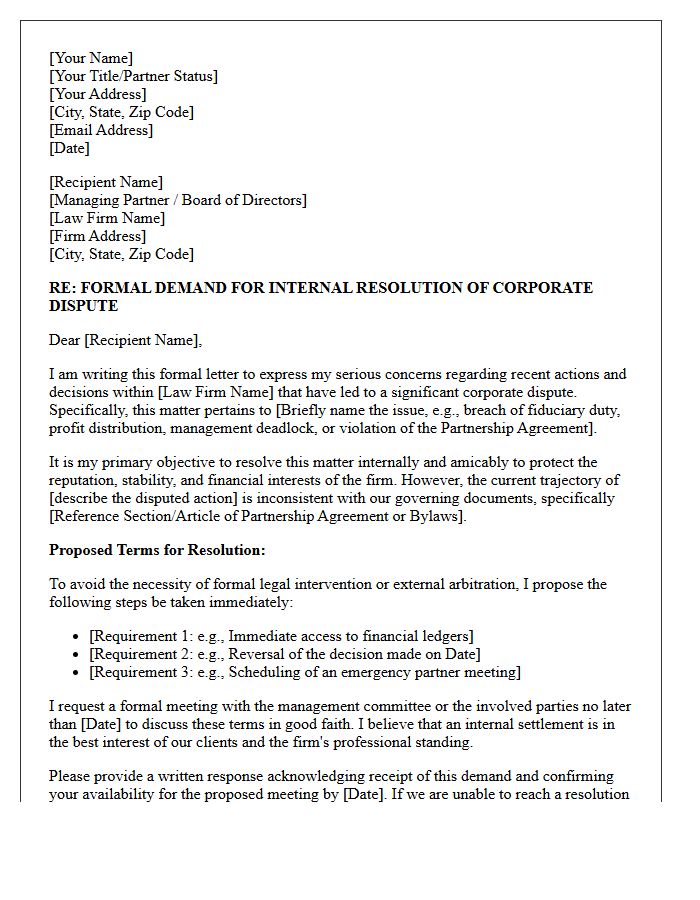 Letter Demanding Internal Resolution of Law Firm Corporate Dispute