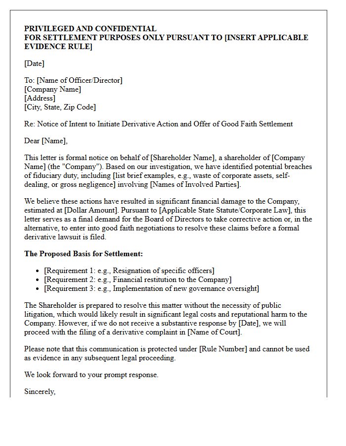 Confidential Letter for Good Faith Settlement Prior to Derivative Action