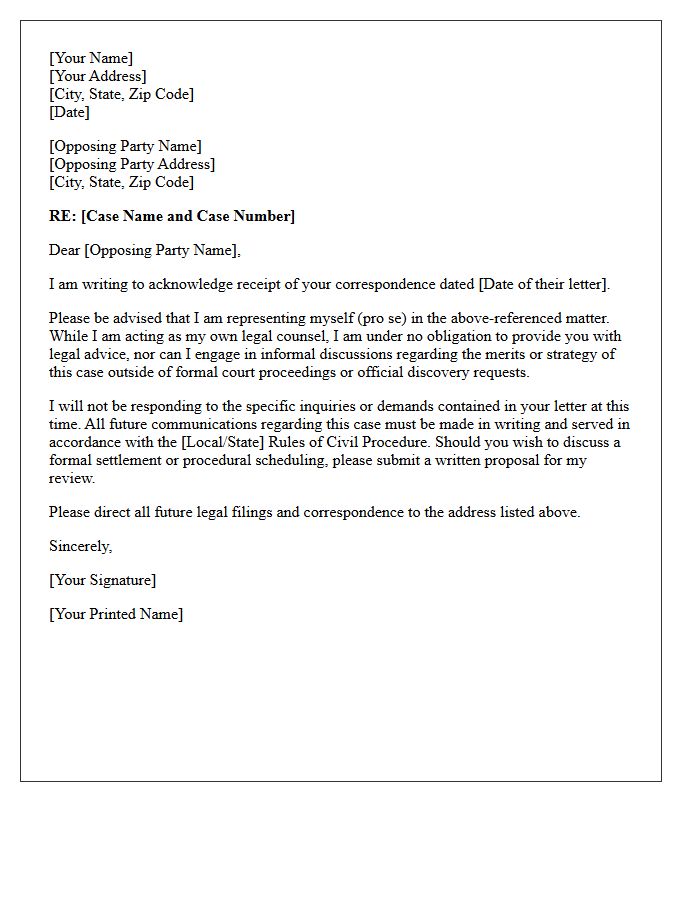 Pro Se Opposing Party Communication Non-Engagement Letter