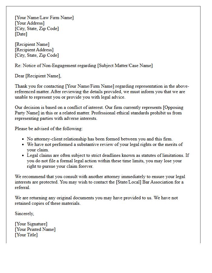 Conflict of Interest Opposing Party Communication Non-Engagement Letter
