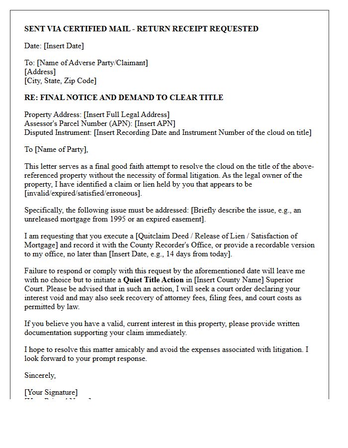 Final Good Faith Attempt Letter Before Quiet Title Litigation