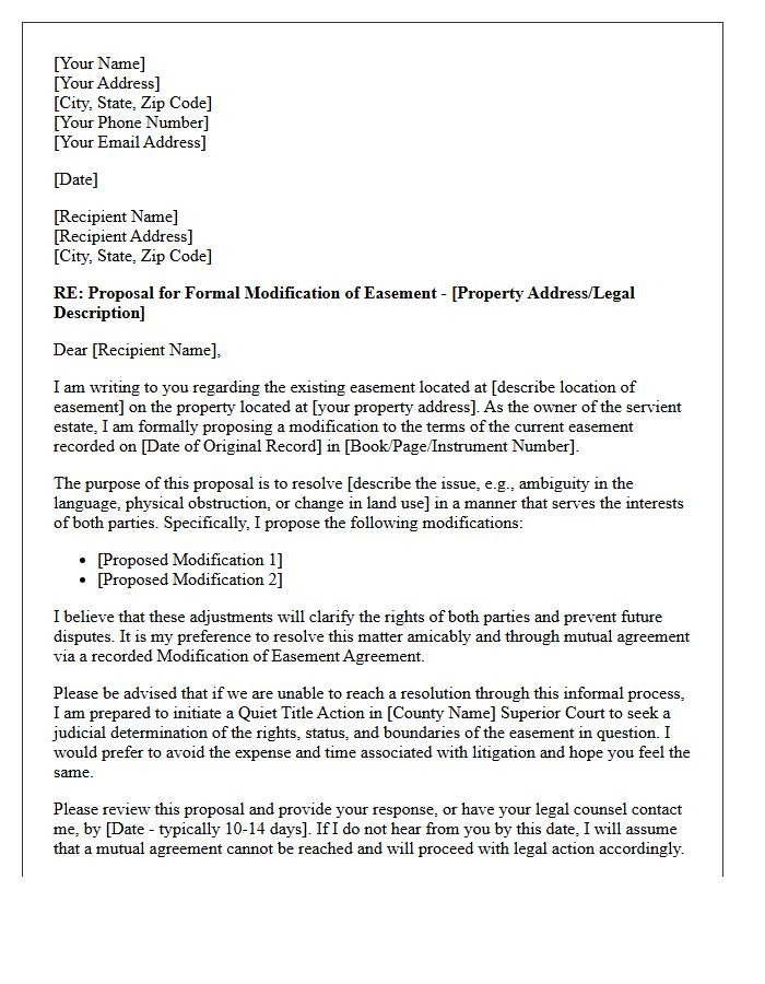 Easement Modification Proposal Letter Prior to Quiet Title Action
