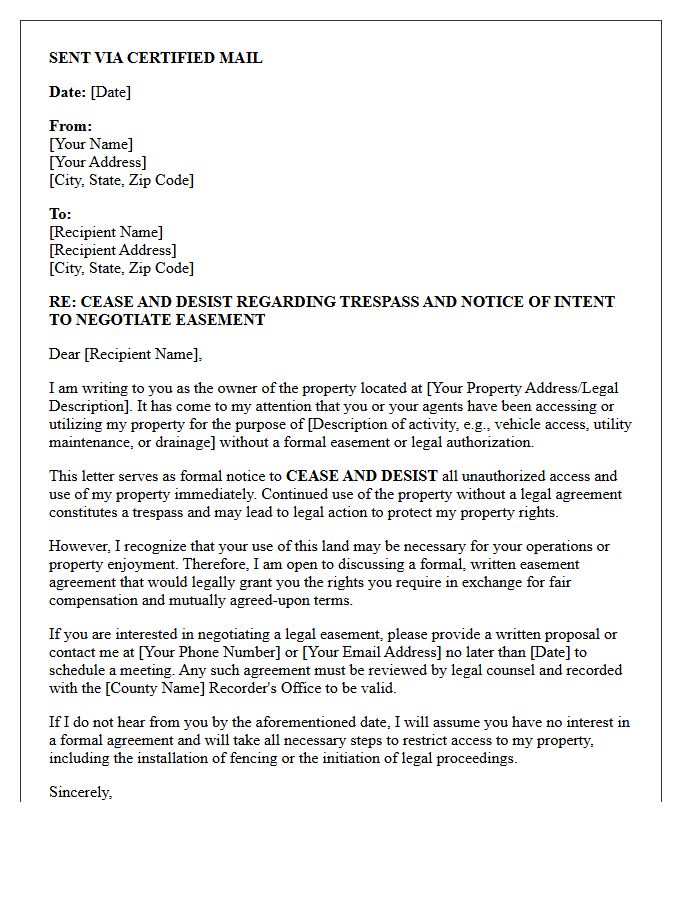 Cease and Desist Letter with Offer to Negotiate Easements