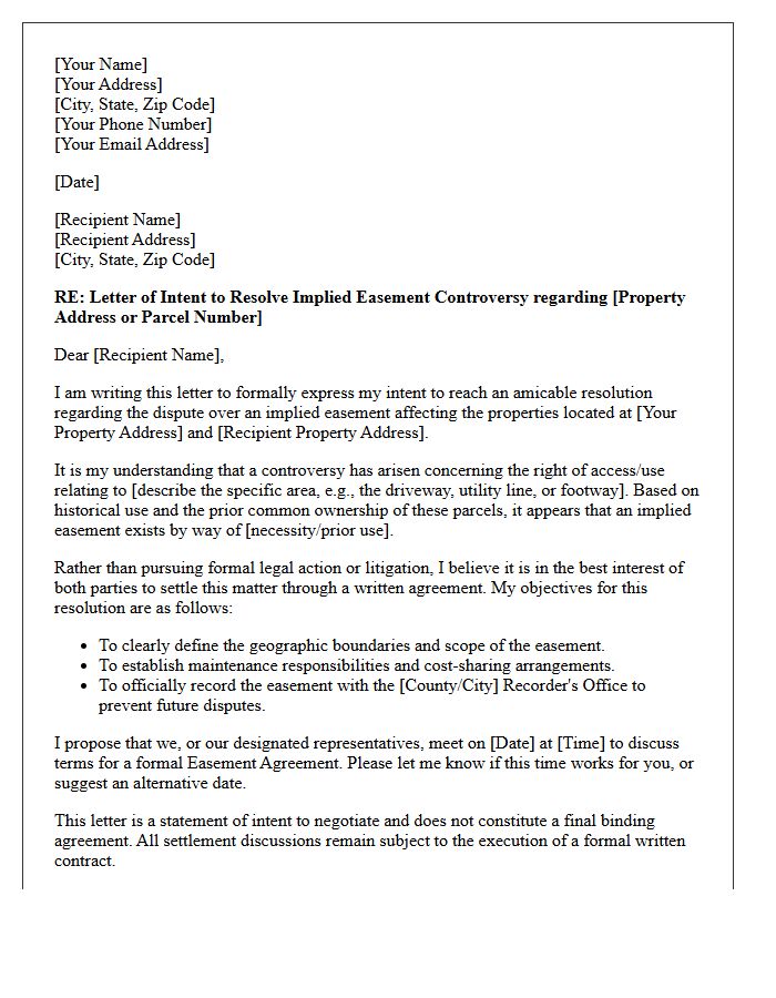 Letter of Intent to Resolve Implied Easement Controversies