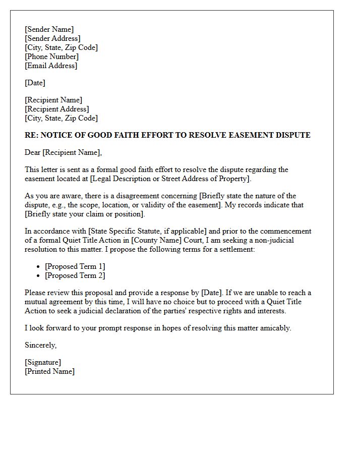 Statutory Good Faith Effort Letter for Easement Quiet Title Action