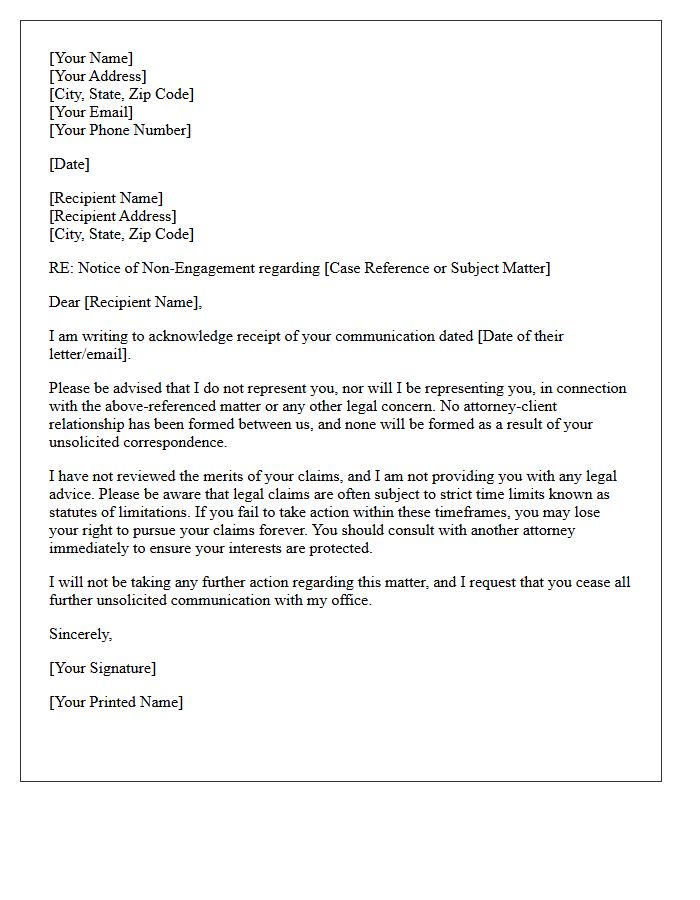 Unsolicited Opposing Party Communication Non-Engagement Letter
