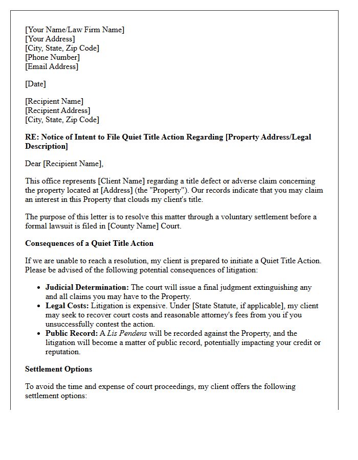 Pre-Suit Letter Outlining Quiet Title Consequences and Settlement Options