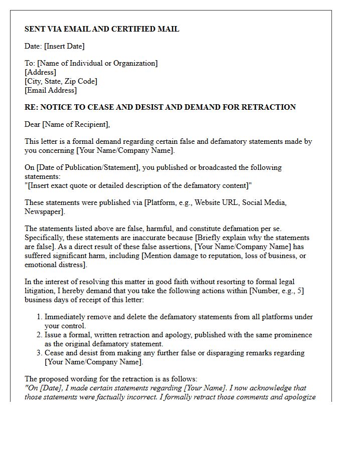 Good Faith Demand Letter for Retraction of Defamatory Statements